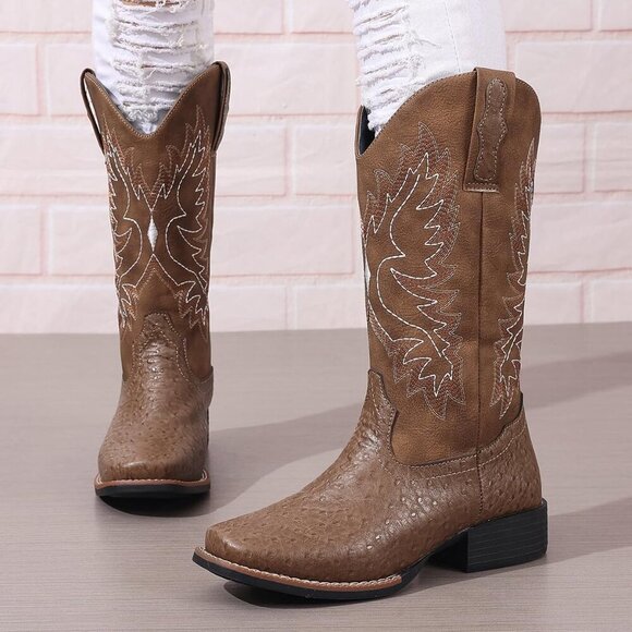 Women's Brown Mid Calf Western Cowgirl Boot Snip Toe Chunky Heel Calf High Boots - Picture 7 of 8